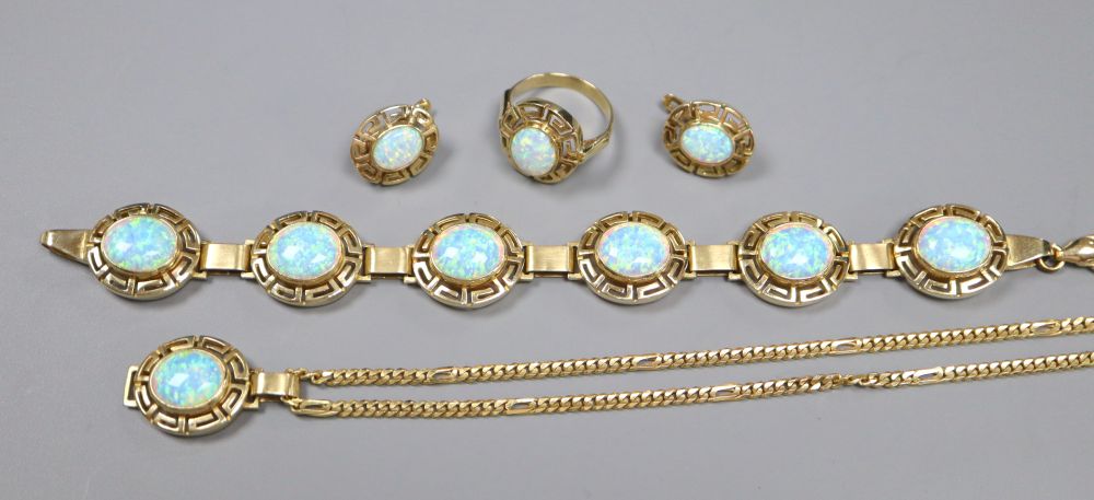 A suite of Indian 585 and white opal jewellery retailed by Alnur, with Greek Key pattern mounts, total 49.4g